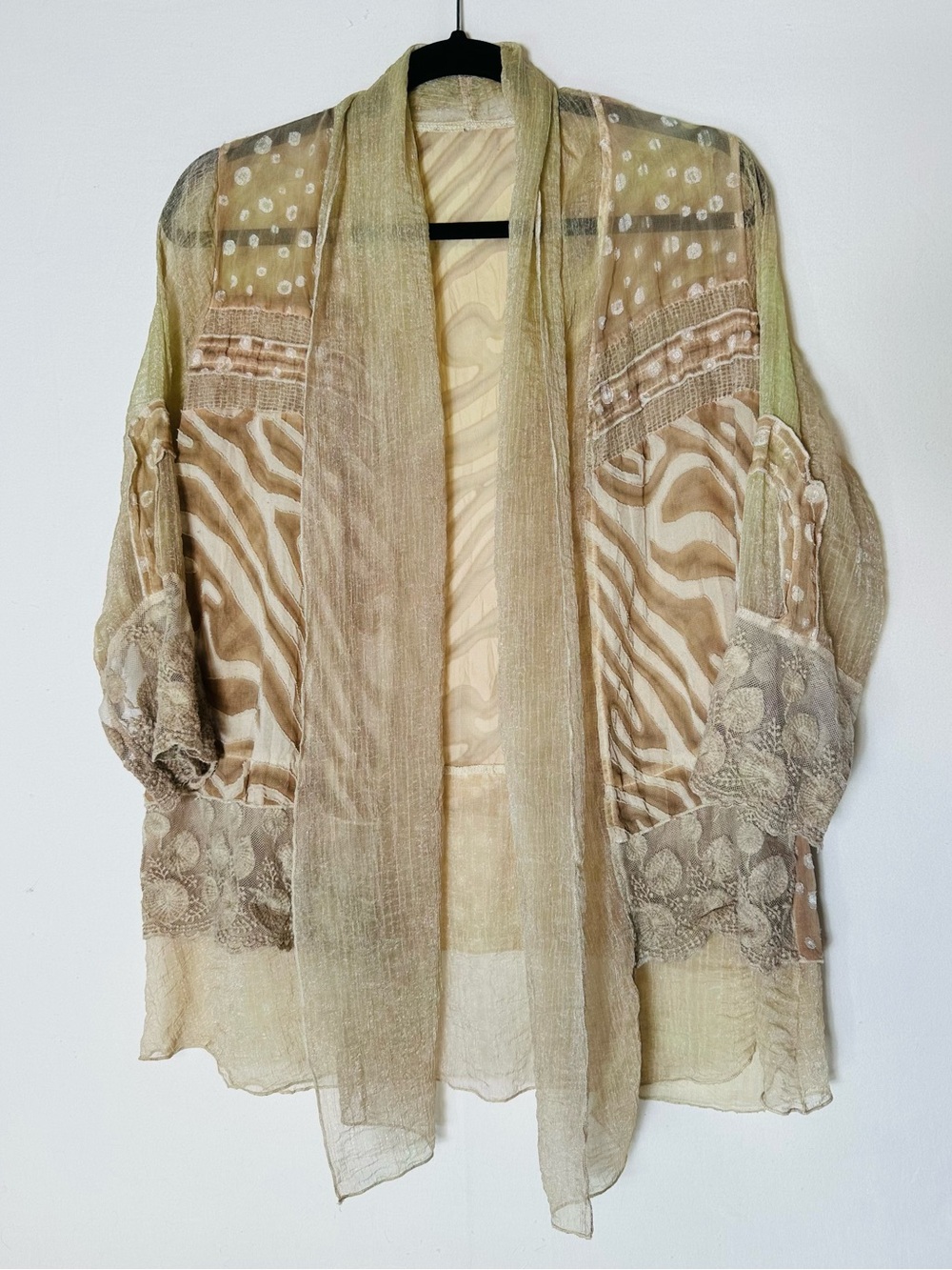 Boho Silk Feel Earth Tone Mixed Print Sheer Open Front Kimono Cardigan L
